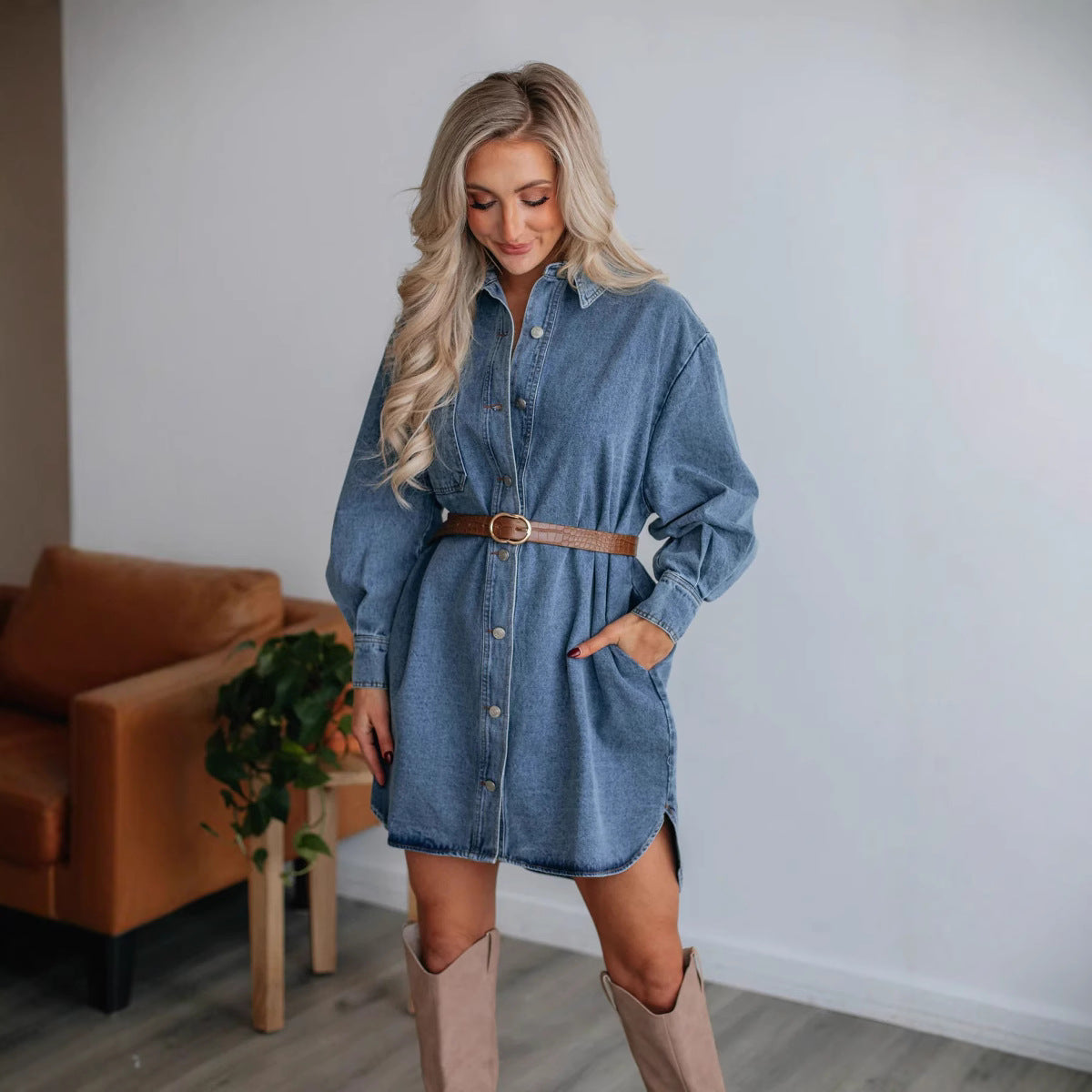 Casual Button Slimming Long Sleeve Denim Dress
