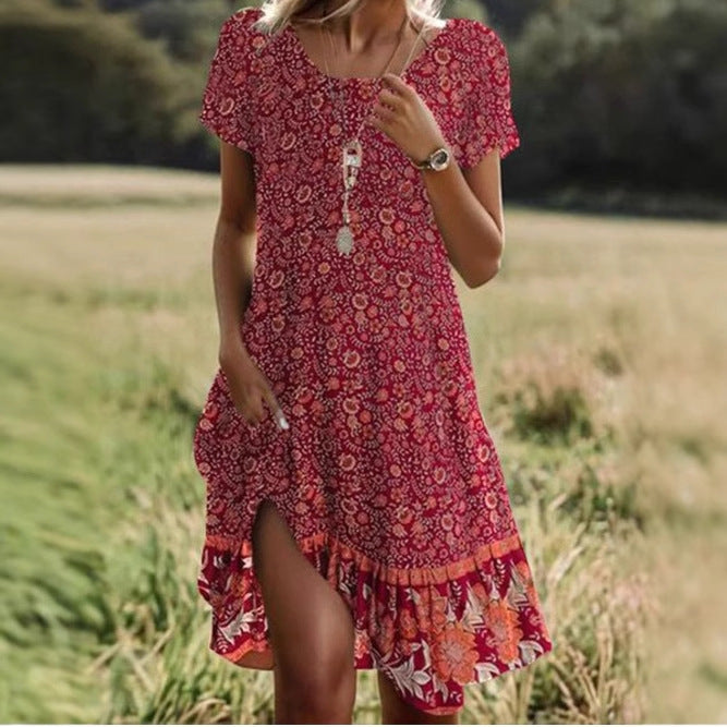 Women's Round Neck Short Sleeve Digital Positioning Printing Dress
