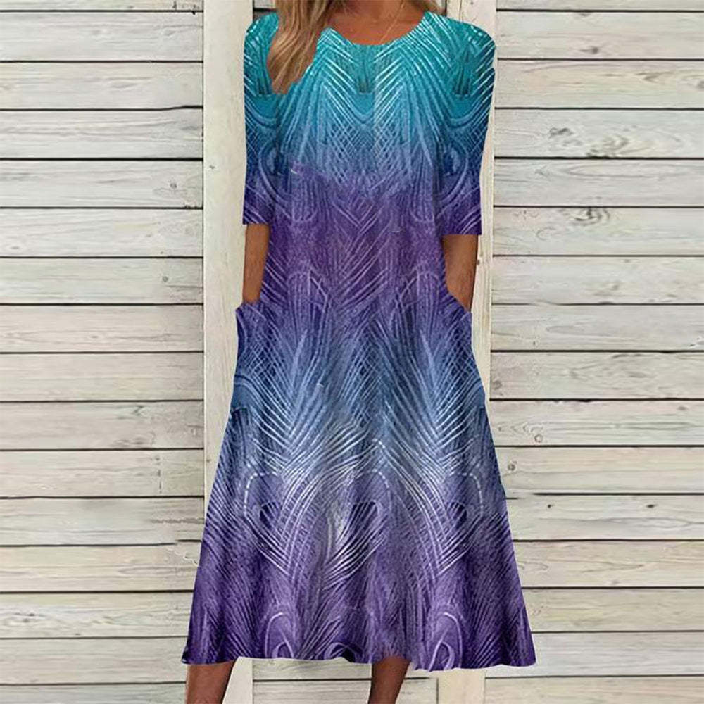 Sale Trend Positioning Printing Round Neck Half Sleeve Pocket Dress