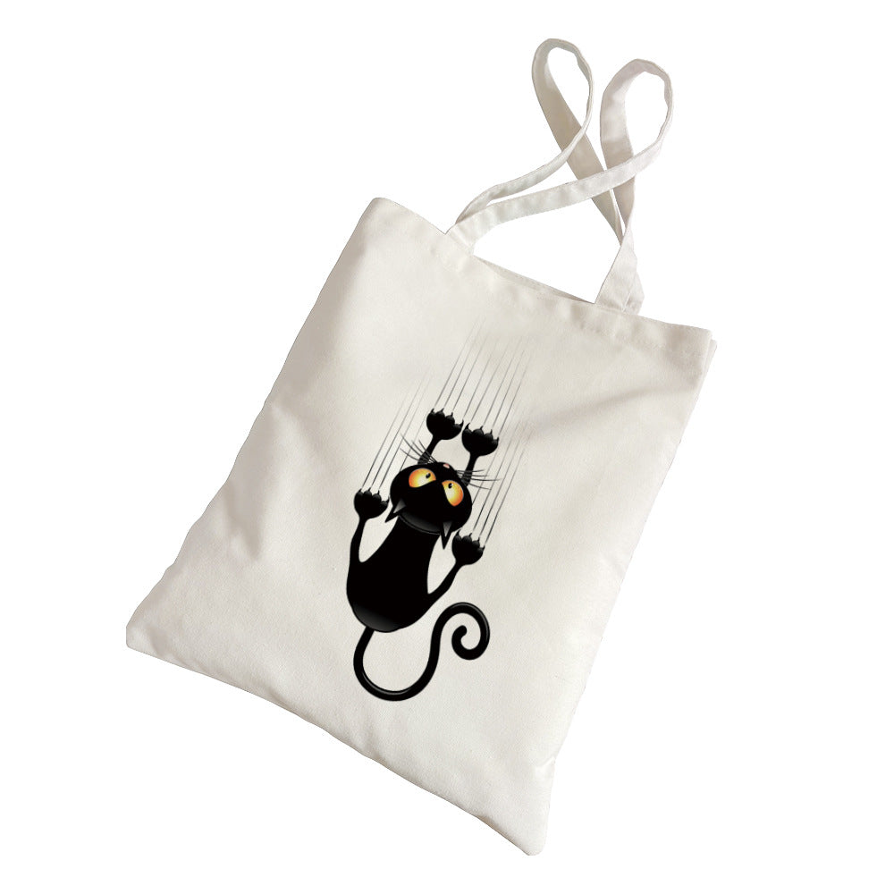 Black Cat Printed Canvas Bag Women's Shoulder Handbag