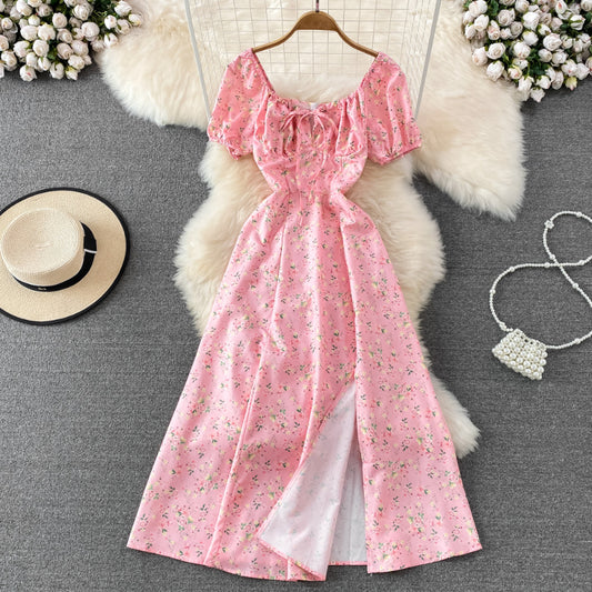 Women's Clothing Princess Sleeves Off-neck Sexy Slit Slim Fit Printed Dress