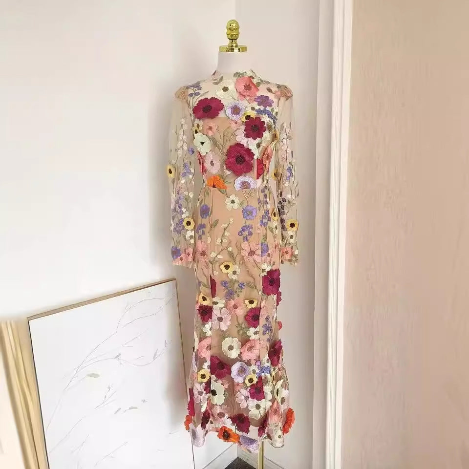 Colorful Three-dimensional Flower Embroidery Mesh Slim Fit Sheath Fishtail Dress