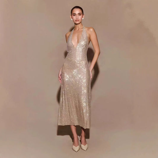 Women's Fashion Deep V-neck Prom Sequin Sling Formal Dress