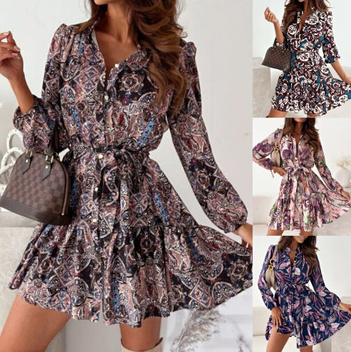 V-neck Printed Long Sleeve Tied Lotus Leaf Patchwork Shirt Dress