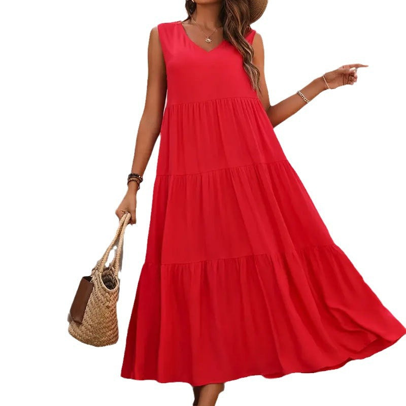 Women's Summer Solid Color And V-neck Layered Stitching Loose Dress