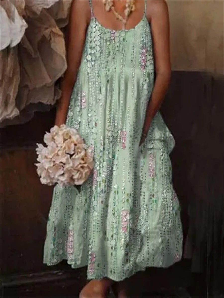 Cross-border European And American Style Women Floral Art Printing Casual Sling Holiday Dress