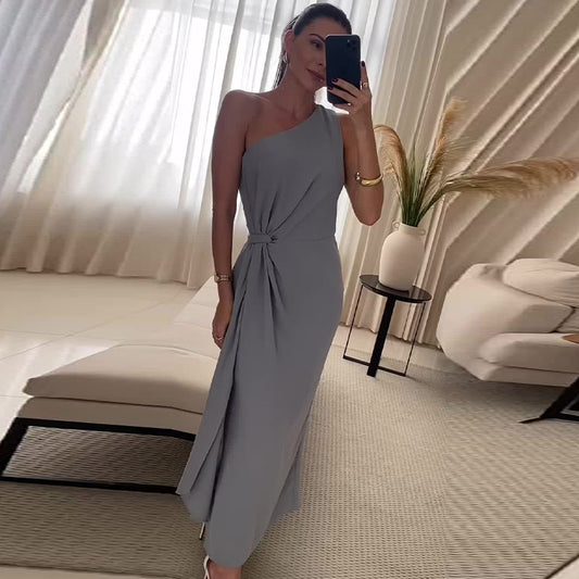 Diagonal Collar Sleeveless Pleated Long Waist Dress