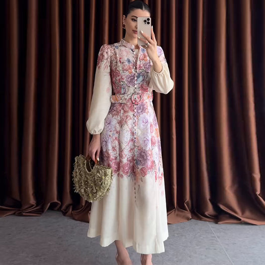 Women's Clothing Single-breasted Long Sleeve Belt Printed Dress
