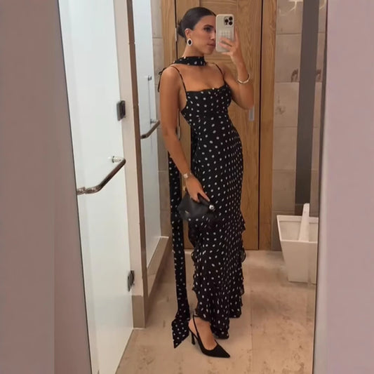 Women's High-grade Sleeveless Polka Dot Scarf Collar Ruffled Spaghetti Straps Dress