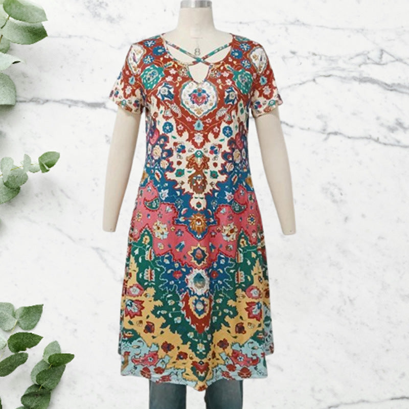 European And American Retro Ethnic Printed Dress Short Sleeve Vacation Overknee Skirt