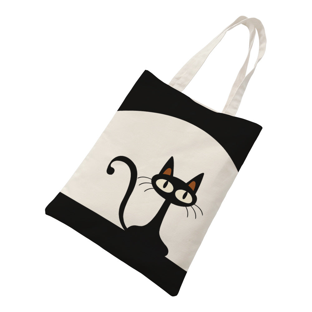 Black Cat Printed Canvas Bag Women's Shoulder Handbag
