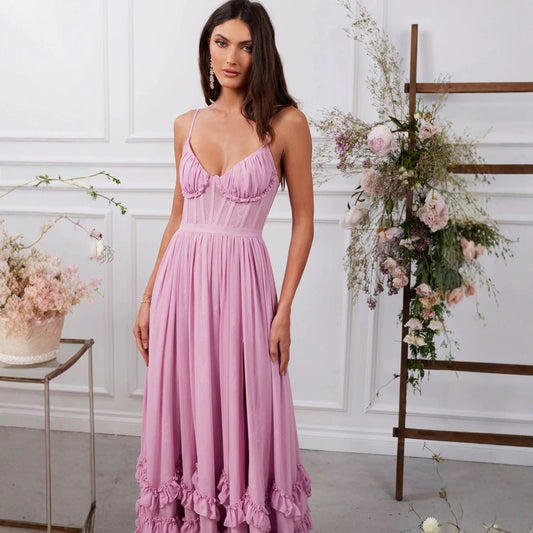Wrapped Chest Fishbone Solid Color Dress Women