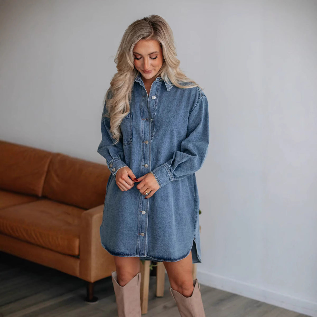 Casual Button Slimming Long Sleeve Denim Dress