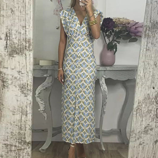 Deep V Split Print Dress Slim Fit