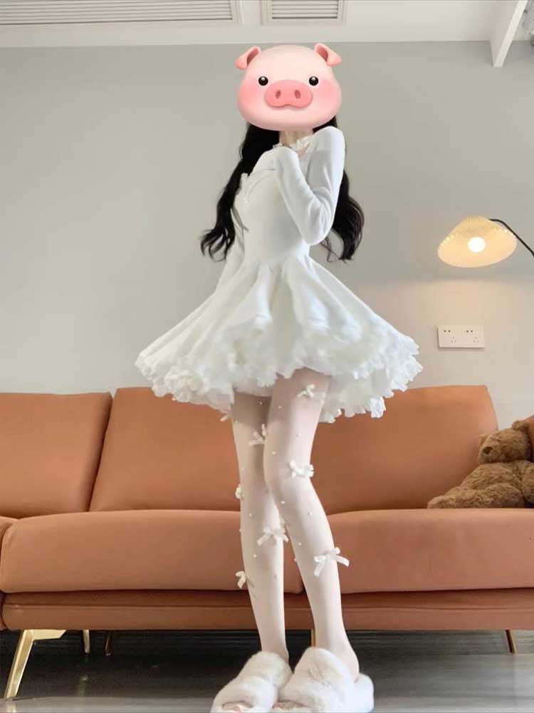 Pure Desire Puffy Sexy Lace Dress Women's New Elegant Slim Cinched Pleated A- Line Skirt