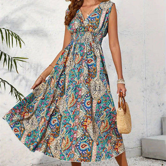 Women's Fashion Printed V-neck Sleeveless Dress