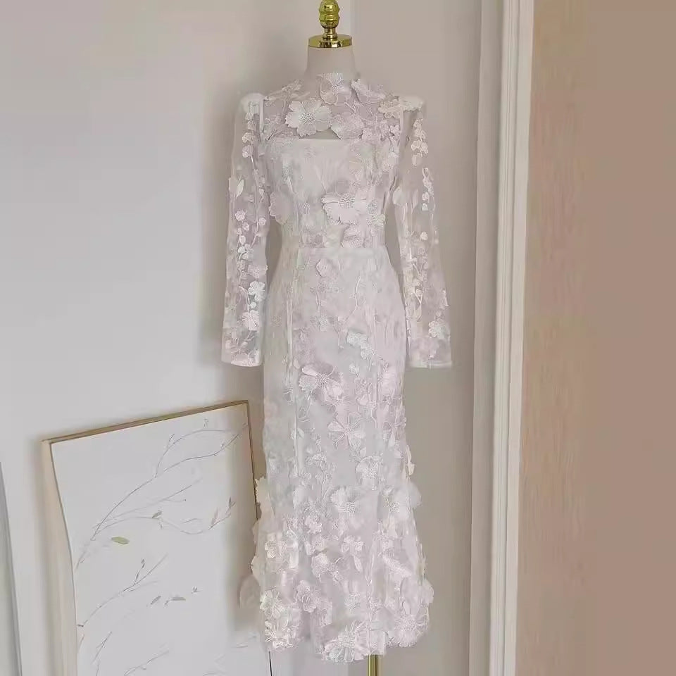 Colorful Three-dimensional Flower Embroidery Mesh Slim Fit Sheath Fishtail Dress