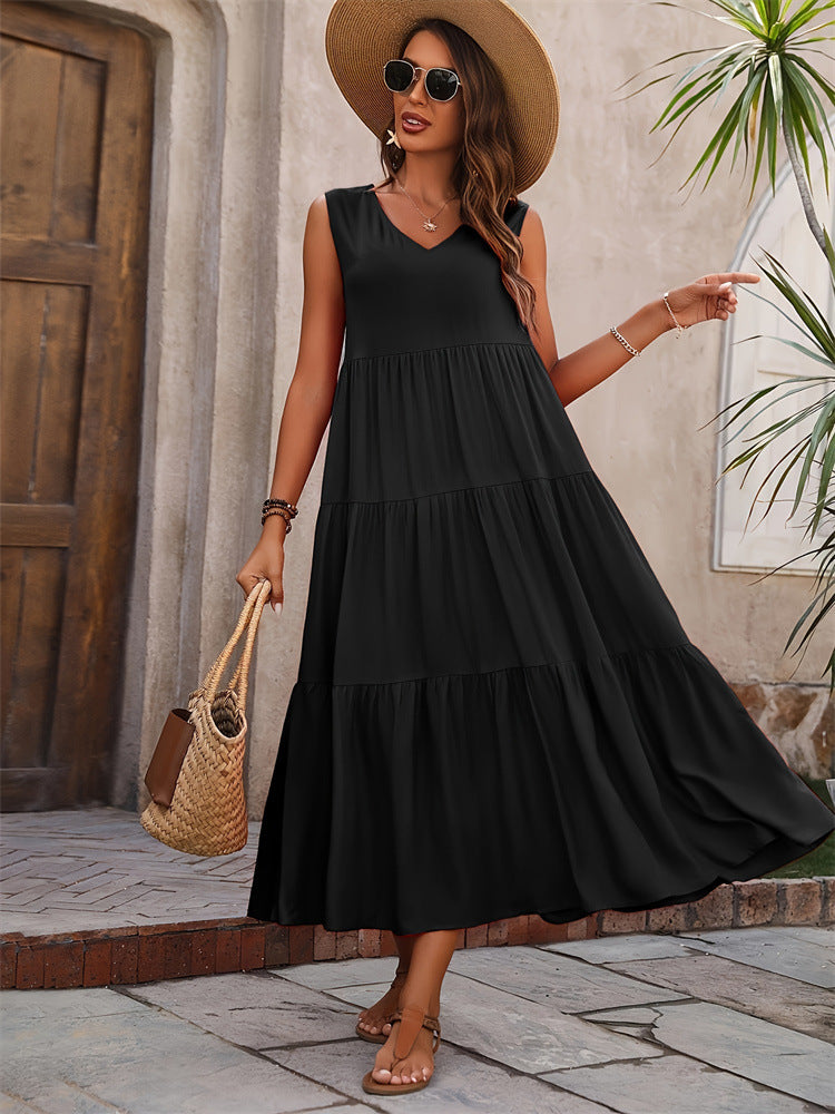 Women's Summer Solid Color And V-neck Layered Stitching Loose Dress