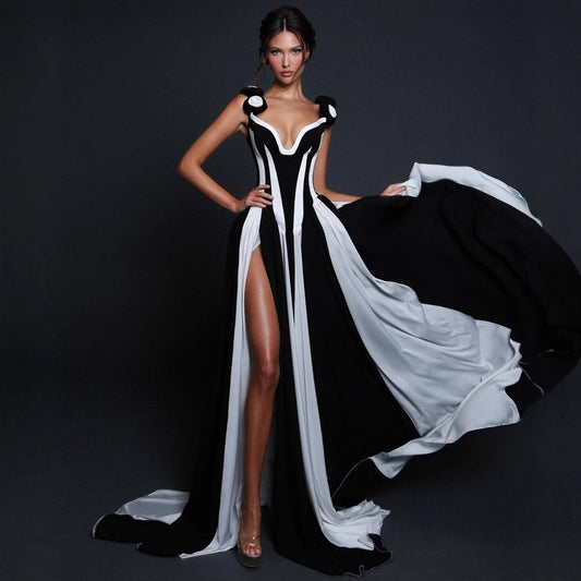 Black And White V-neck Spliced High Waisted Mop Dress