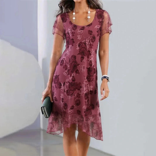 Women's Simple Mesh Printed Short Sleeve Loose Dress