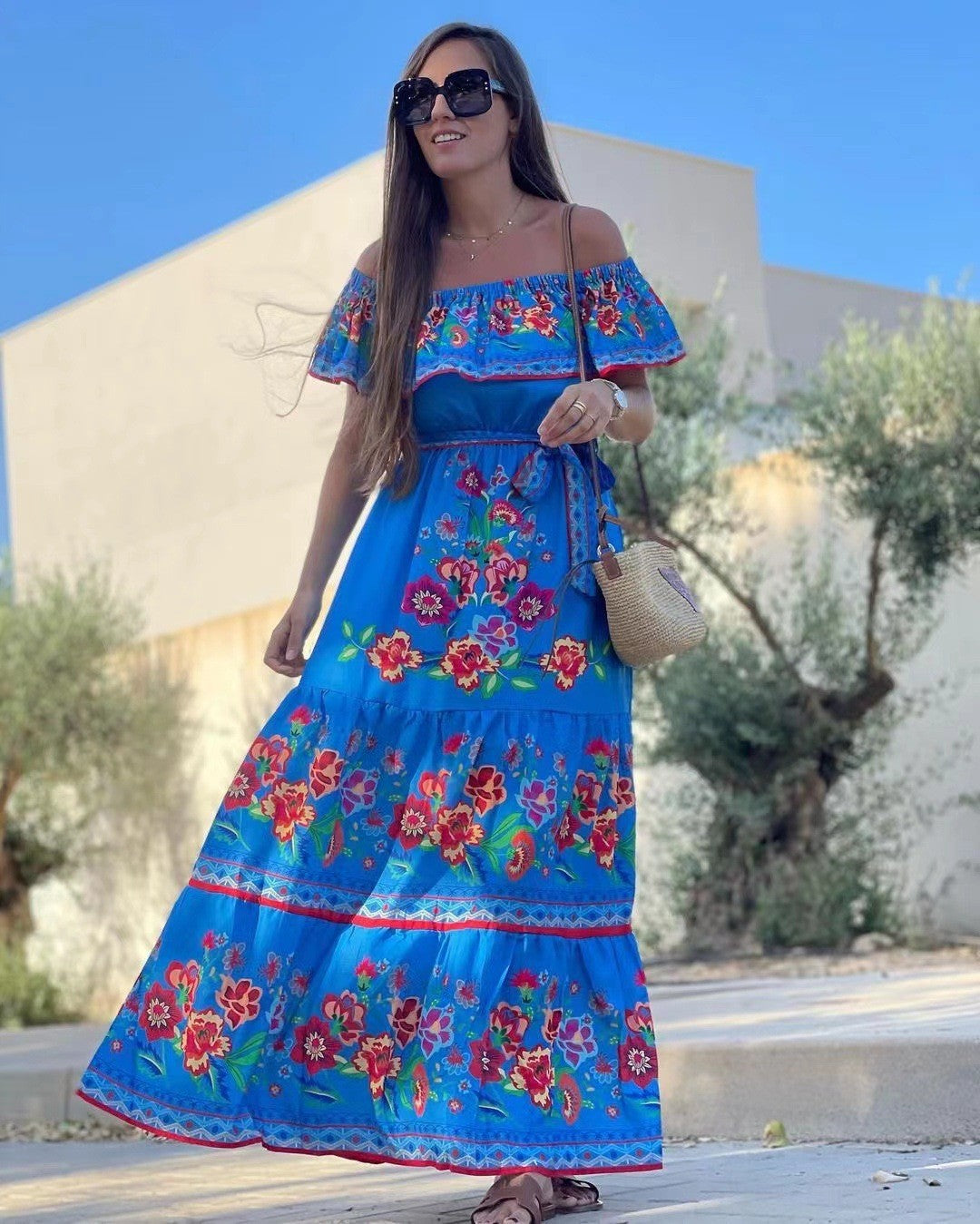 Women's Fashion Off-shoulder Red Flower Print Dress