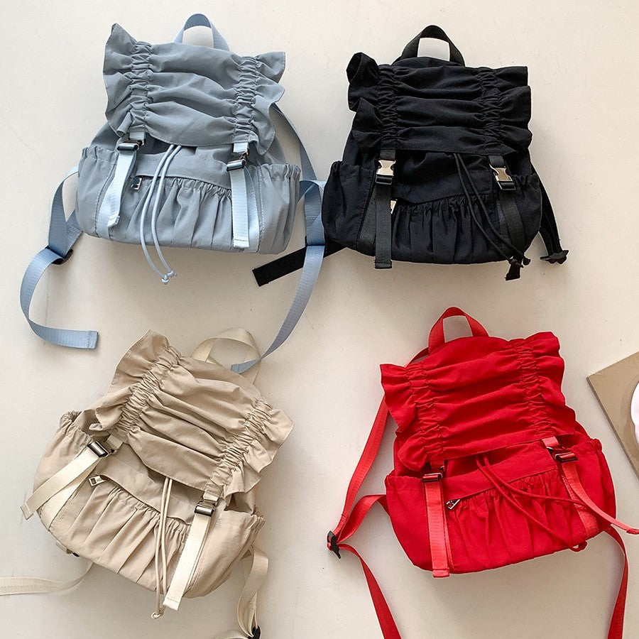Niche Drawstring Ruffle Nylon Backpack Sweet