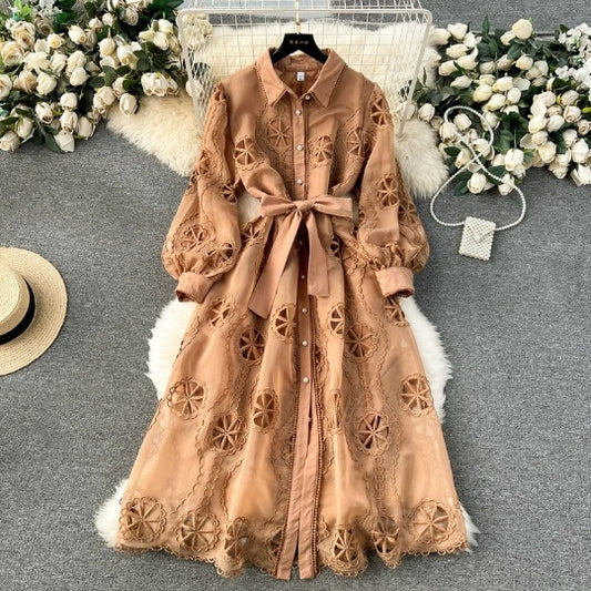 Women's Machine Embroidery Hollow-out Mid-length Puff Sleeve Dress