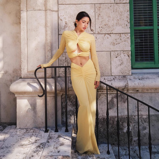 Women's Elegant Sexy Long-sleeved Twist Bare Midriff Slim Fit Dress