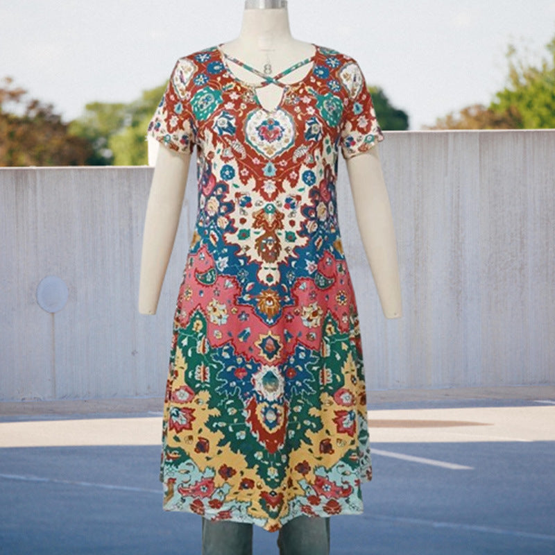 European And American Retro Ethnic Printed Dress Short Sleeve Vacation Overknee Skirt