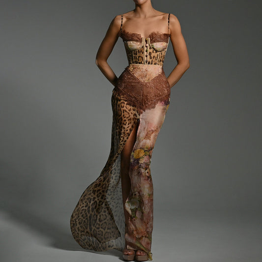 Women's Spaghetti-strap Floral Print Patchwork Long Dress