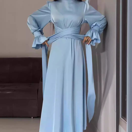 New Drawstring Slim-fit Graceful Puff Sleeve Solid Color Long Sleeve Dress Women