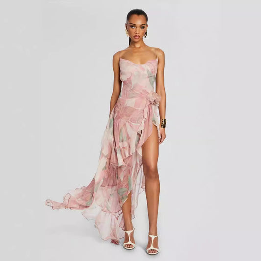 Women's Irregular Oblique Ruffled Skirt With Suspenders
