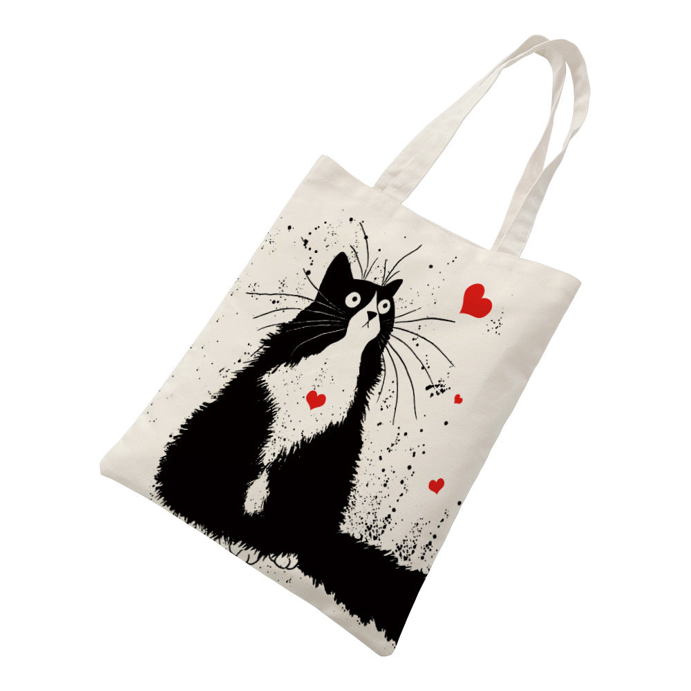 Black Cat Printed Canvas Bag Women's Shoulder Handbag