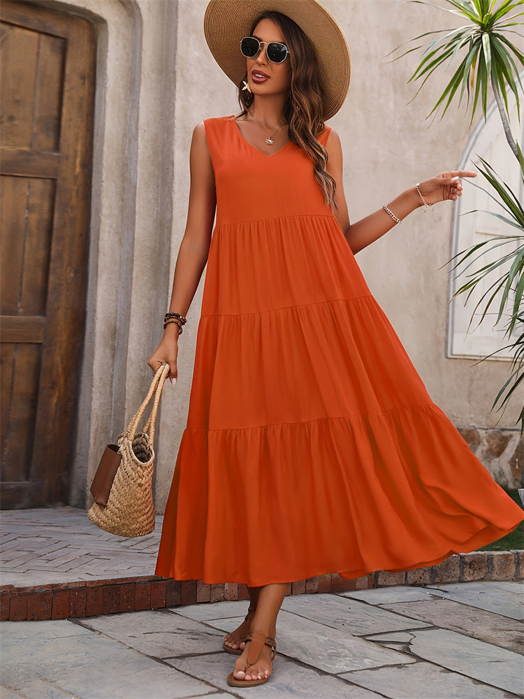 Women's Summer Solid Color And V-neck Layered Stitching Loose Dress