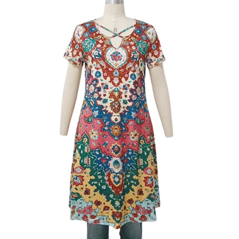European And American Retro Ethnic Printed Dress Short Sleeve Vacation Overknee Skirt