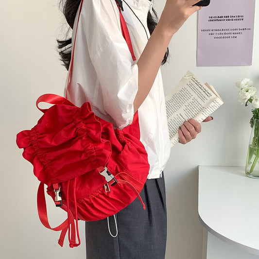 Niche Drawstring Ruffle Nylon Backpack Sweet