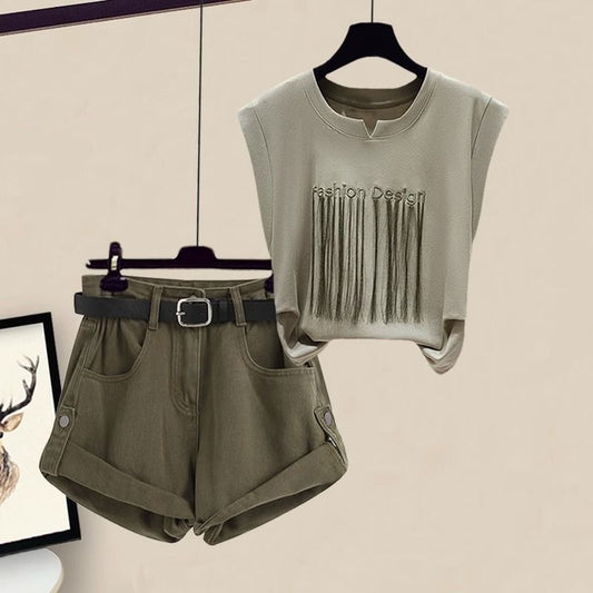 Casual Slim-looking Clothes Women's Short-sleeved Top Cargo Shorts