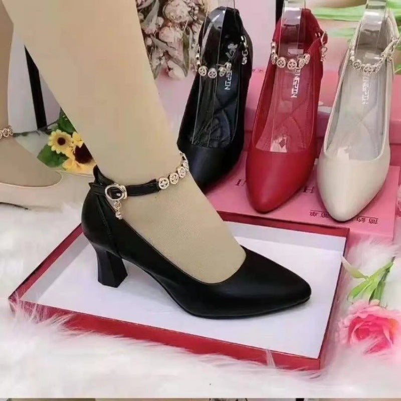 Ankle-strap Buckle Rhinestone Soft Bottom Chunky Heel High Heels