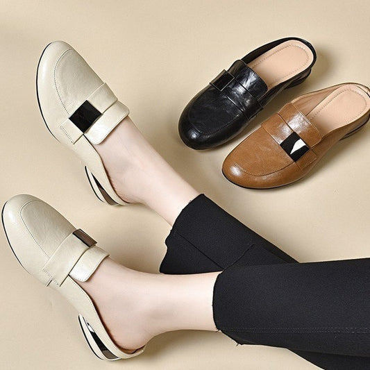 Solid Color Round Toe Low-top Women's Leather Shoes