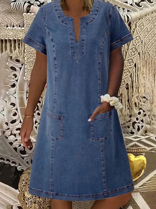 Women's V-neck Pleated Short-sleeved Dress