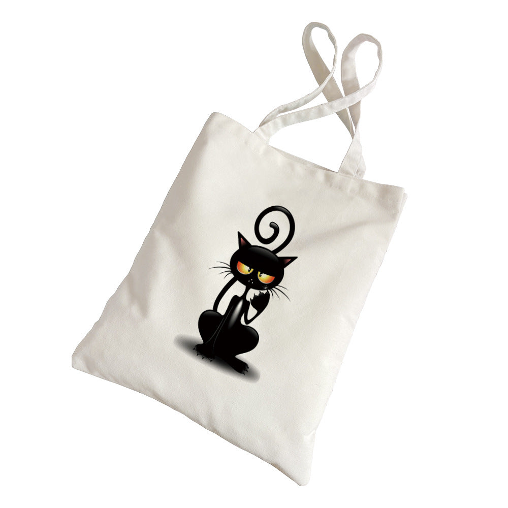 Black Cat Printed Canvas Bag Women's Shoulder Handbag