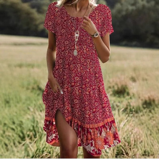 Women's Round Neck Short Sleeve Digital Positioning Printing Dress