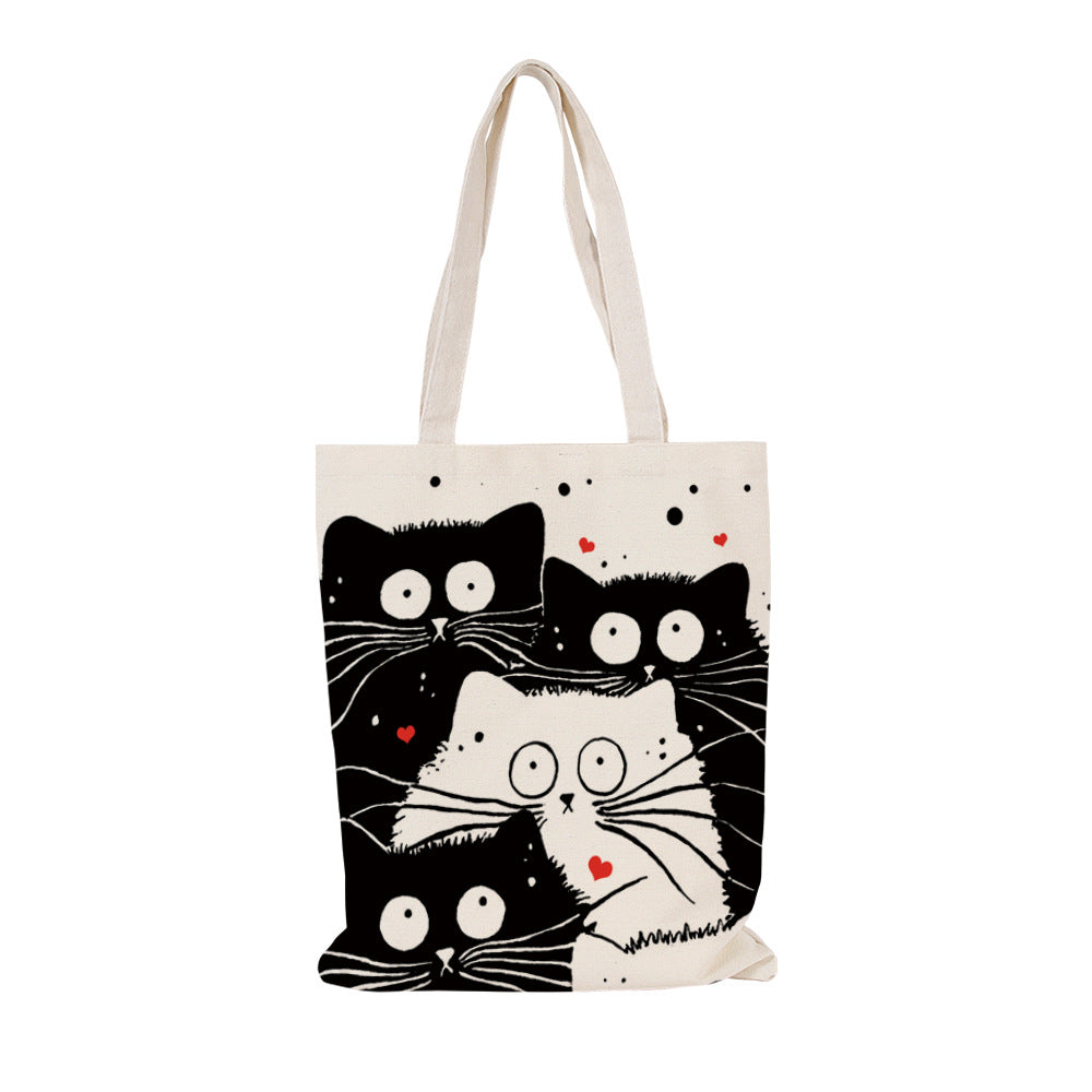 Black Cat Printed Canvas Bag Women's Shoulder Handbag