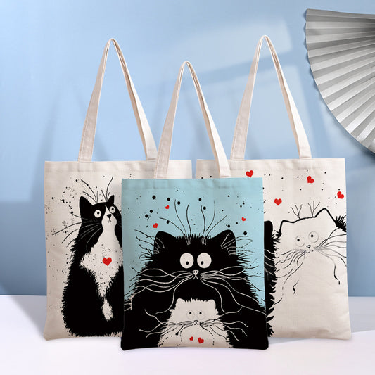 Black Cat Printed Canvas Bag Women's Shoulder Handbag