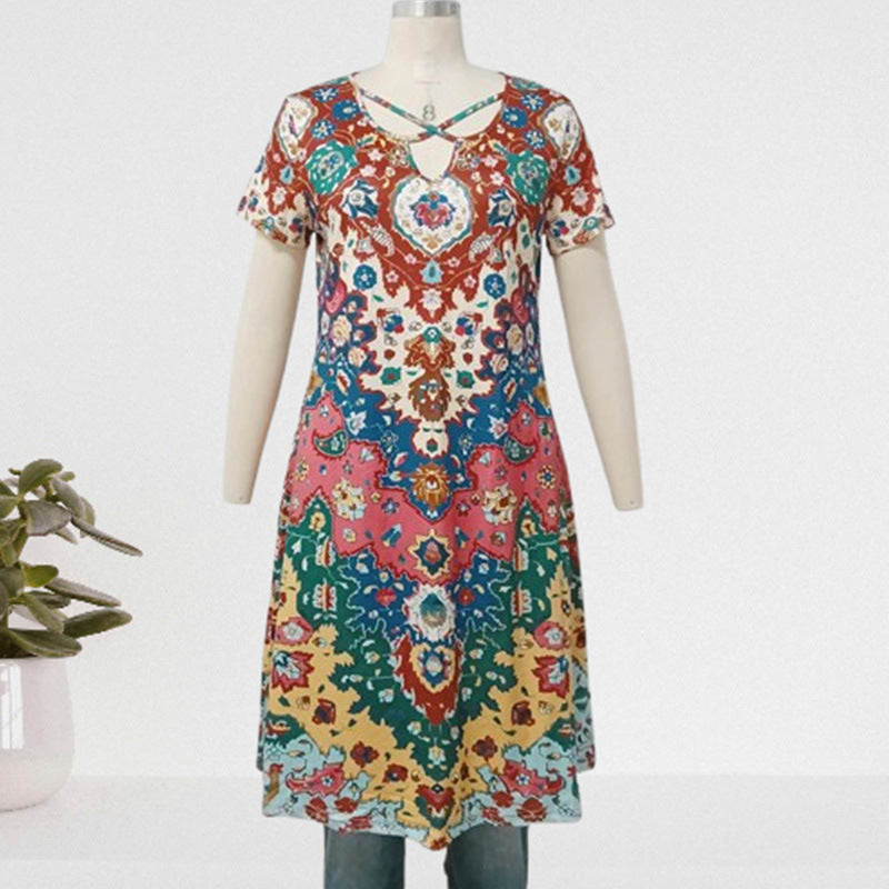European And American Retro Ethnic Printed Dress Short Sleeve Vacation Overknee Skirt