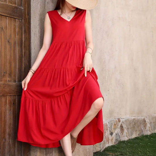Women's Summer Solid Color And V-neck Layered Stitching Loose Dress