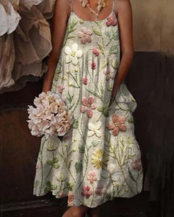 Cross-border European And American Style Women Floral Art Printing Casual Sling Holiday Dress