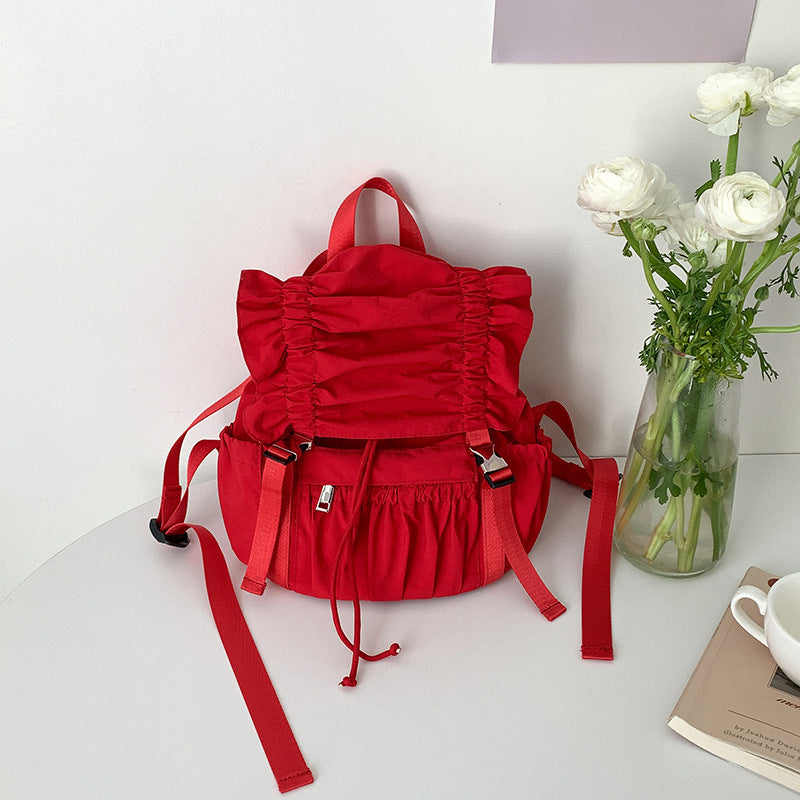 Niche Drawstring Ruffle Nylon Backpack Sweet