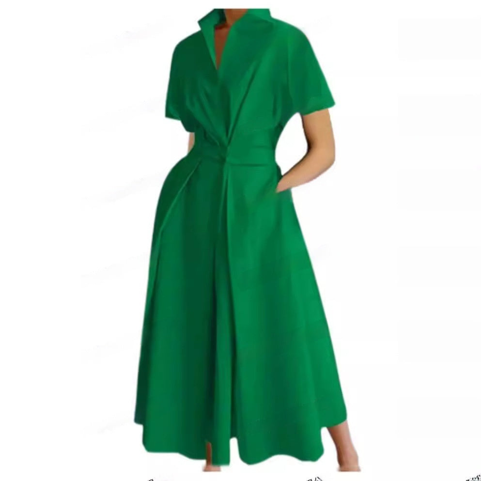 Commuting Fashion Polo Collar Shirt Elastic Waist Large Swing Dress