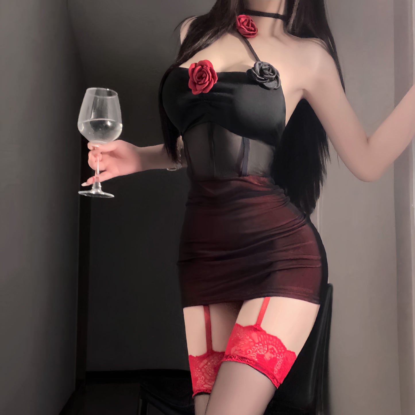 Sexy Lingerie Sexy Tube Top Pure Desire Mesh Contrast Color Flower Sheath Dress